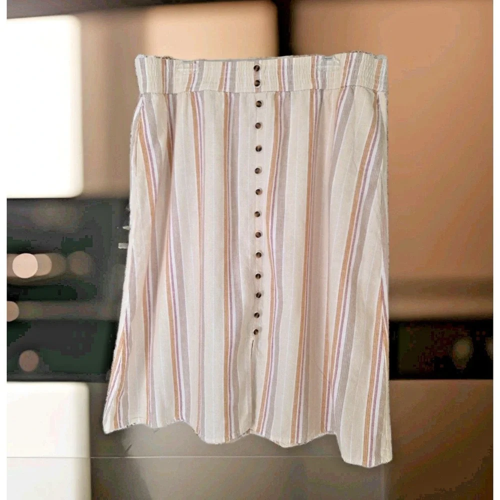 Sonoma Midi Skirt XXL Beige Striped Linen Blend Elastic‎ Pockets Casual Comfort